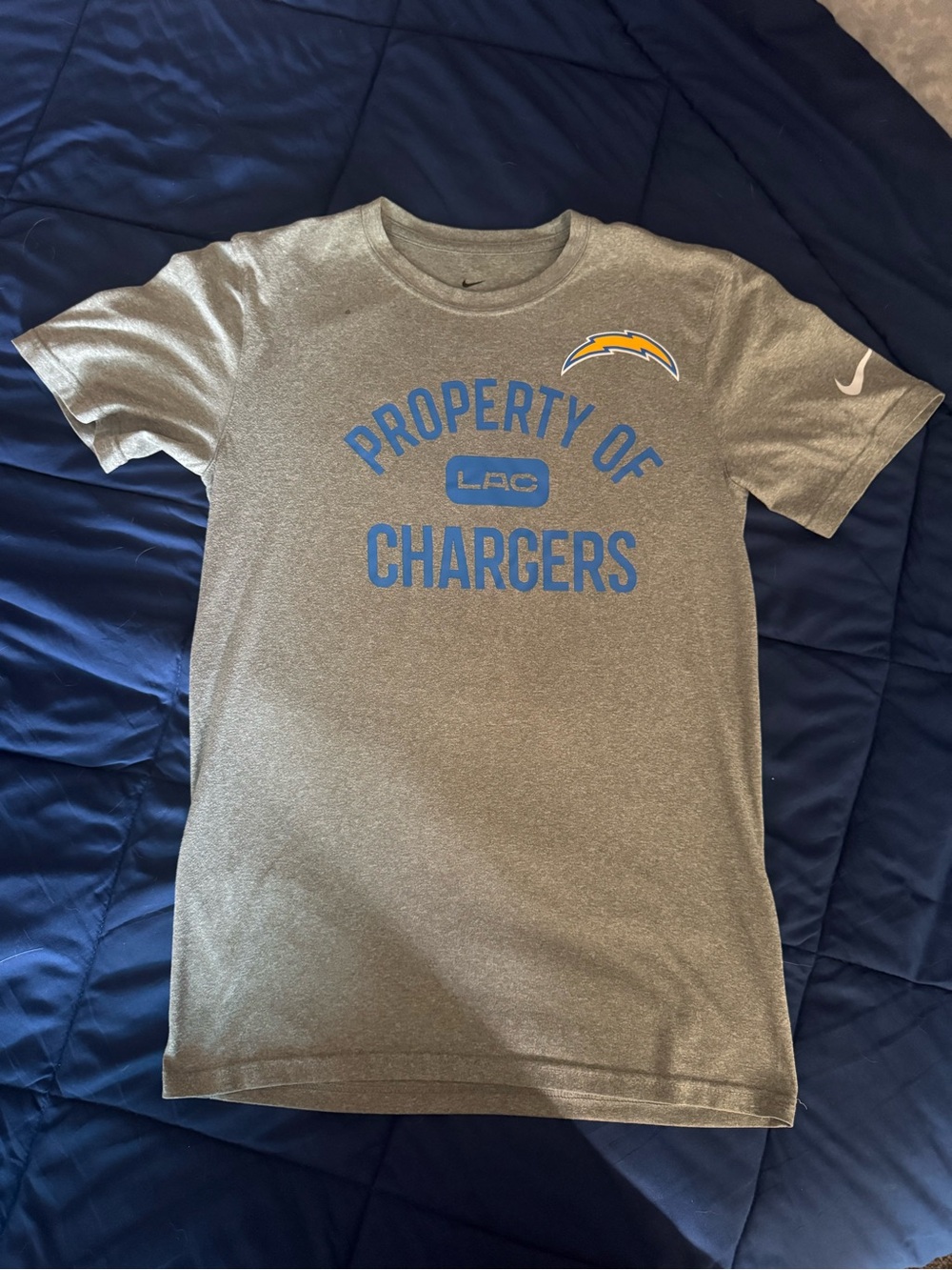 Nike Gray 'Property of Chargers' Short-Sleeve Tee with Blue Logo